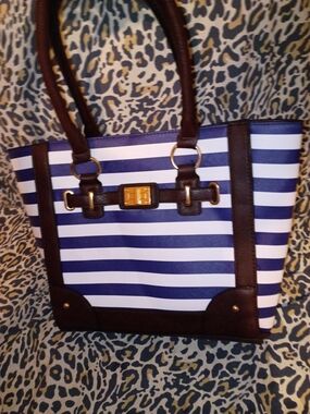 Striped Navy and White Tote with Dark Brown Trim